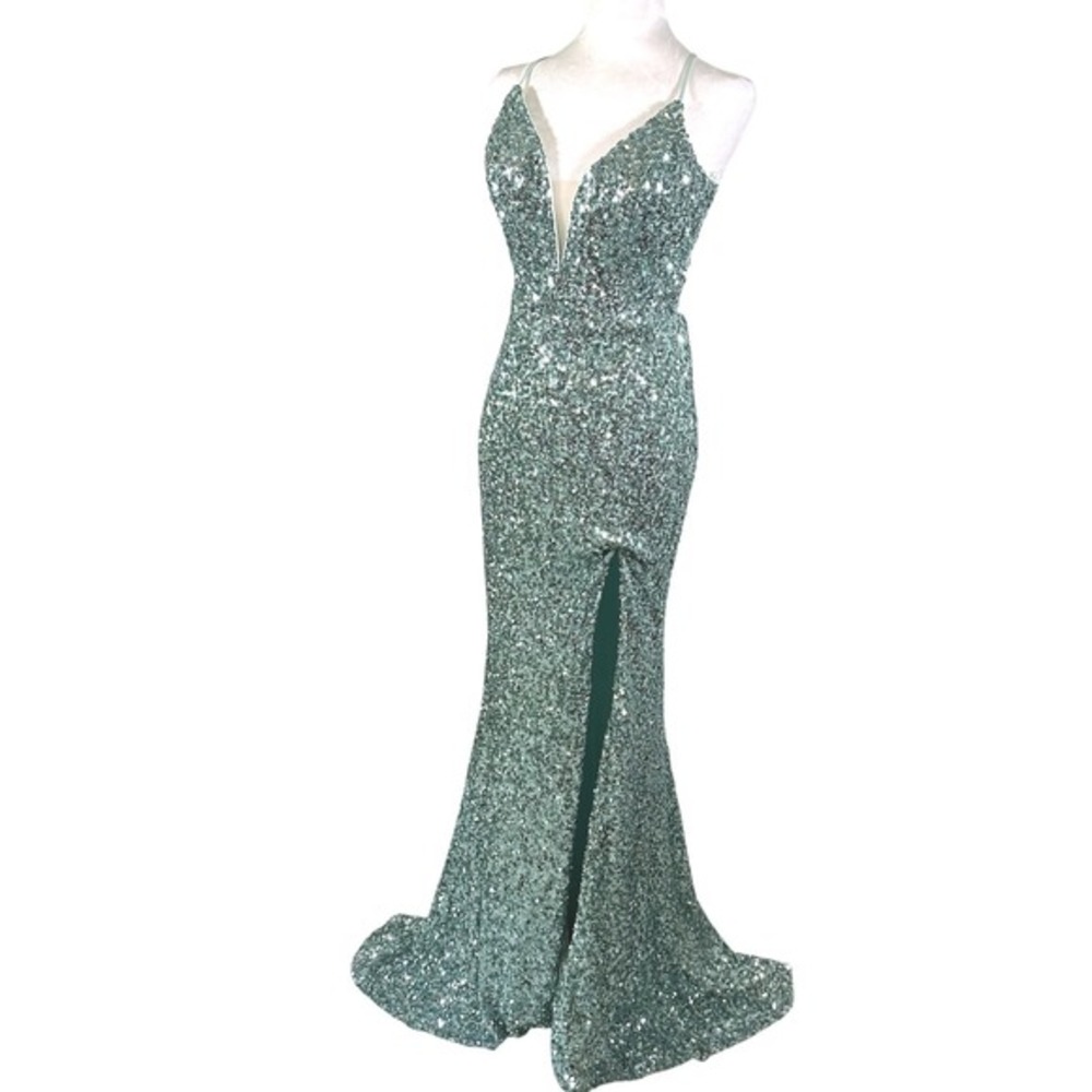 Sophia Thomas Formal Full Sequin Dress Size 0 Adjustable Prom Homecoming Mint Gr - Picture 3 of 9